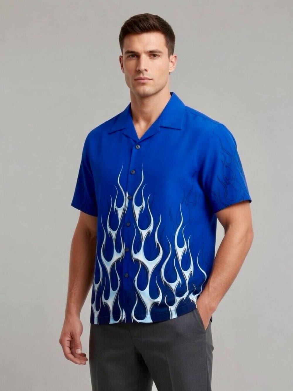 Blue Short-Sleeve Button-Down Shirt with White Flame Print